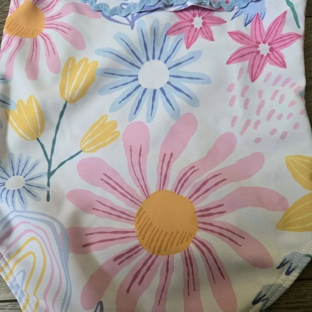 Marie Nicole Clothing Floral One Piece Swimsuit M NWT Pink Yellow Blue Ric Rac